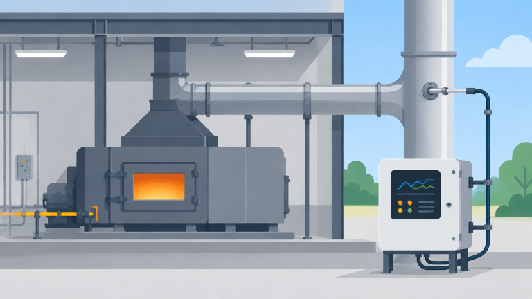 Analisador de gases conectado à chaminé de um forno crematório para monitoramento de emissões