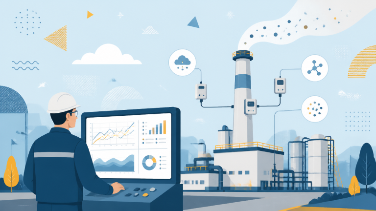 Ilustração de monitoramento e controle de emissões atmosféricas em instalação industrial