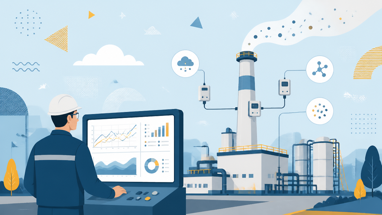 Ilustração de monitoramento e controle de emissões atmosféricas em instalação industrial