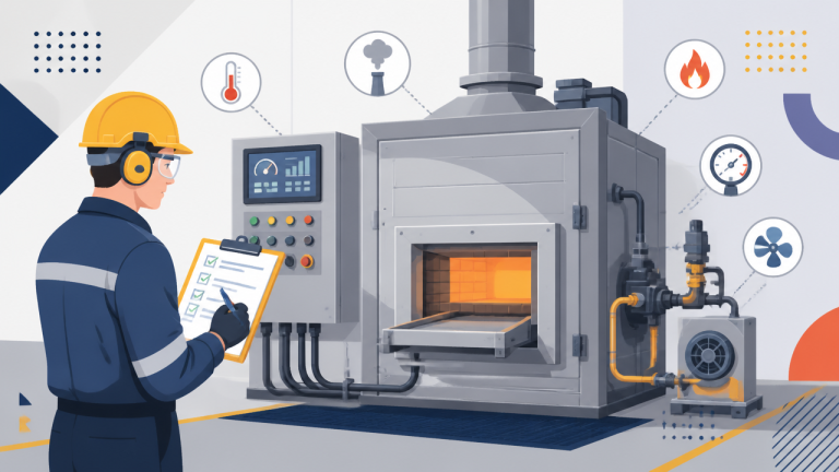 Ilustração de técnico realizando manutenção preventiva em forno industrial com checklist e painel de controle
